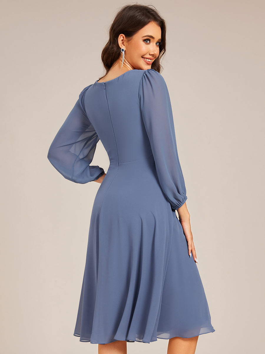 Color=Dusty Blue | Elegant Midi Length Long Lantern Sleeves Chiffon Wedding Guest Dresses-Dusty Blue 2