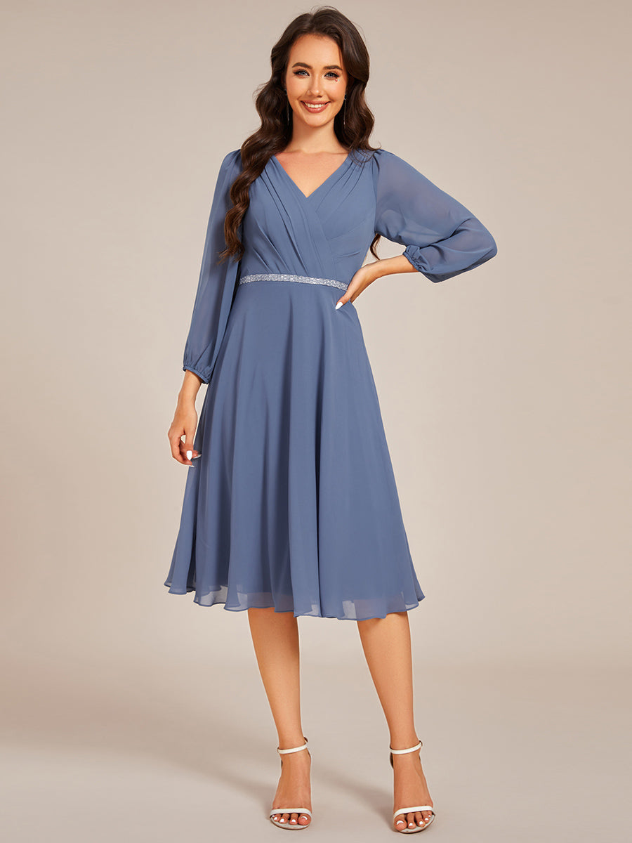 Color=Dusty Blue | Elegant Midi Length Long Lantern Sleeves Chiffon Wedding Guest Dresses-Dusty Blue 3