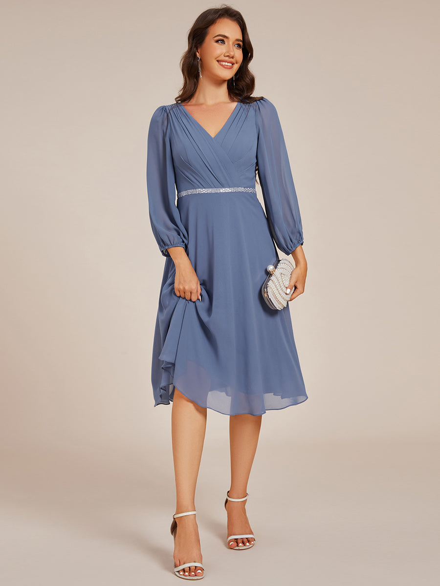 Color=Dusty Blue | Elegant Midi Length Long Lantern Sleeves Chiffon Wedding Guest Dresses-Dusty Blue 4