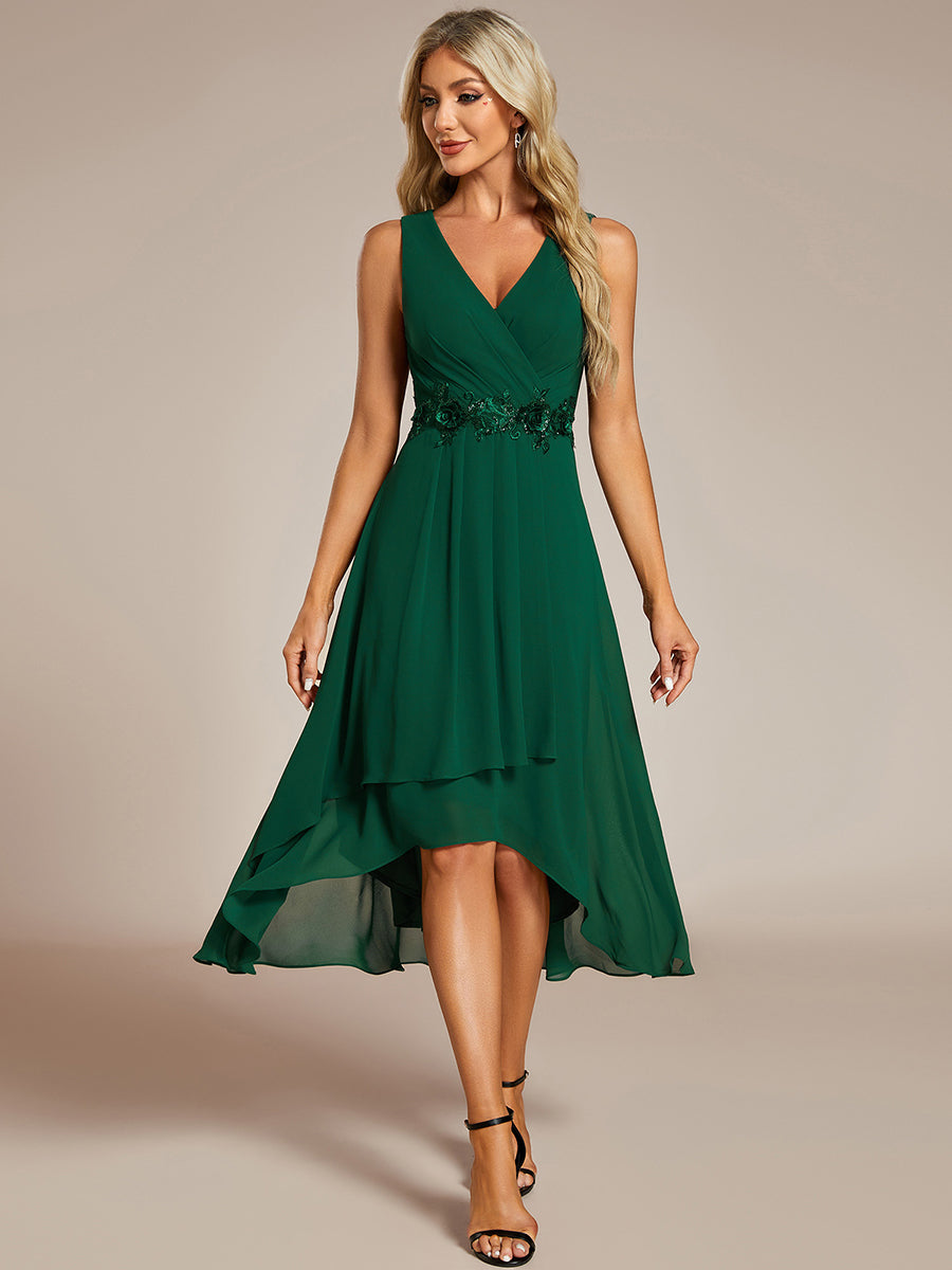 Color=Dark Green | Chiffon Appliques V Neck Tea Length Sleeveless Wedding Wholesale Guest Dress-Dark Green 5