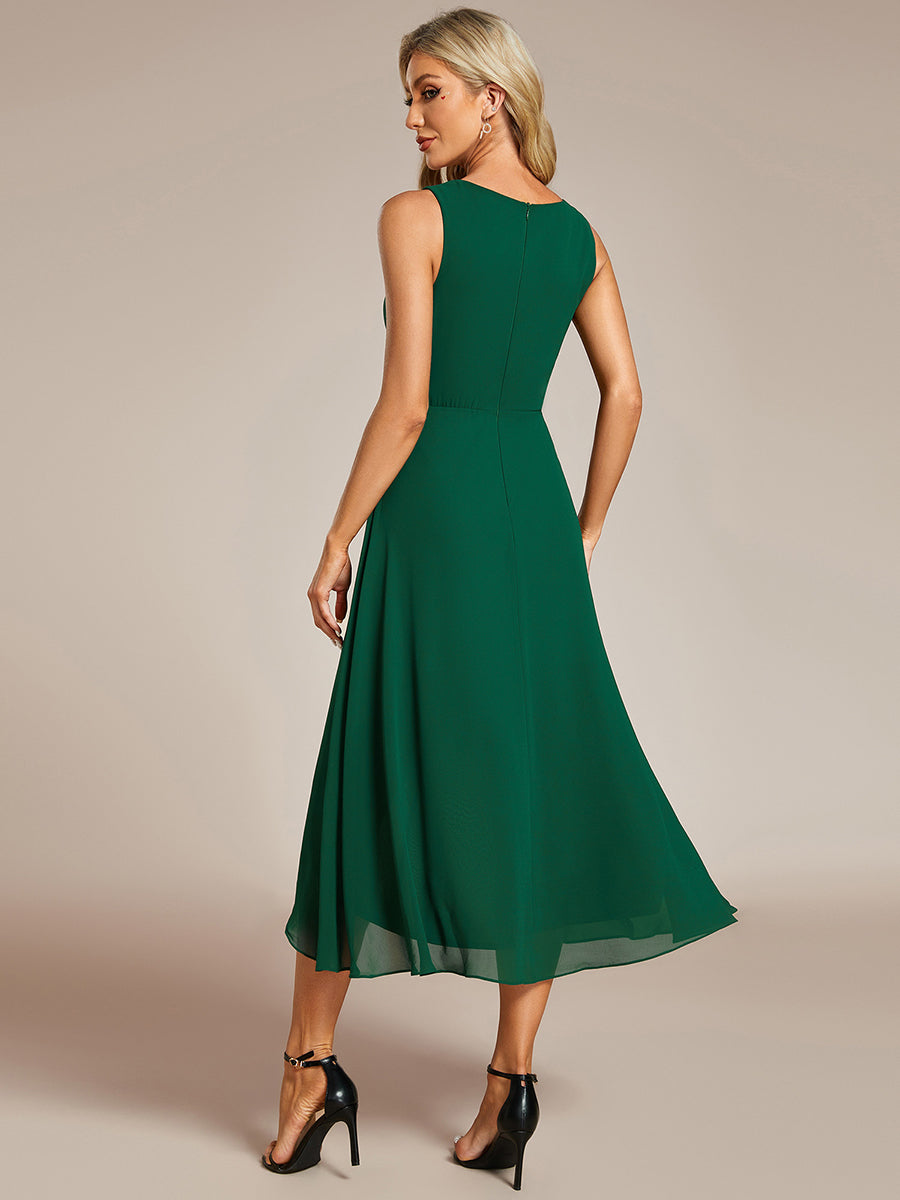 Color=Dark Green | Chiffon Appliques V Neck Tea Length Sleeveless Wedding Wholesale Guest Dress-Dark Green 4