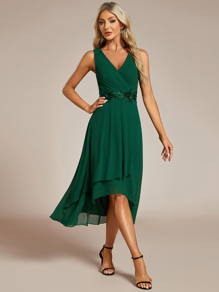 Color=Dark Green | Chiffon Appliques V Neck Tea Length Sleeveless Wedding Wholesale Guest Dress-Dark Green 3