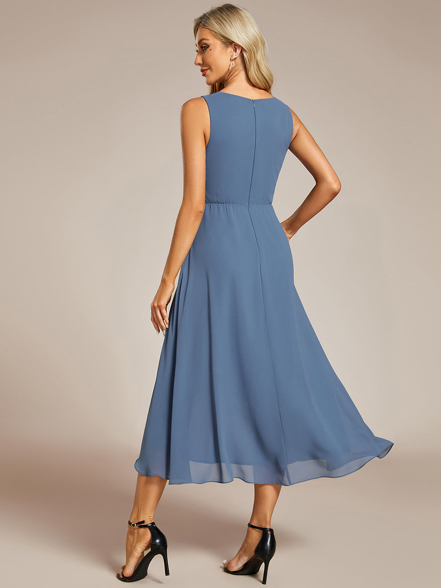 Color=Dusty Navy | Chiffon Appliques V Neck Tea Length Sleeveless Wedding Wholesale Guest Dress-Dusty Navy 