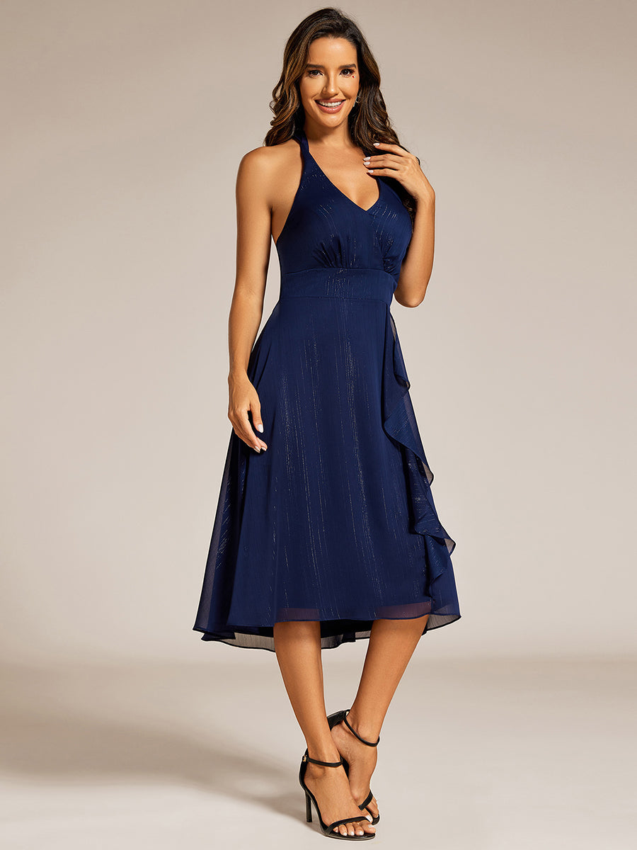 Color=Navy Blue | Elegant laceable Halter Neckline Knee Length Chiffon Dresses Asymmetrical Lotus Hem-Navy Blue 23