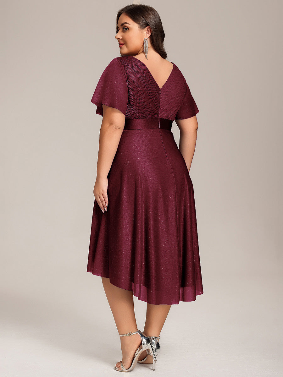 Color=Burgundy | Plus Size Ruffle Sleeves Ruched Wedding Guest Glitter Asymmetric Hem Dress-Burgundy 12