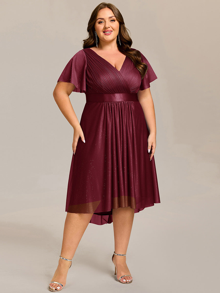 Color=Burgundy | Plus Size Ruffle Sleeves Ruched Wedding Guest Glitter Asymmetric Hem Dress-Burgundy 14