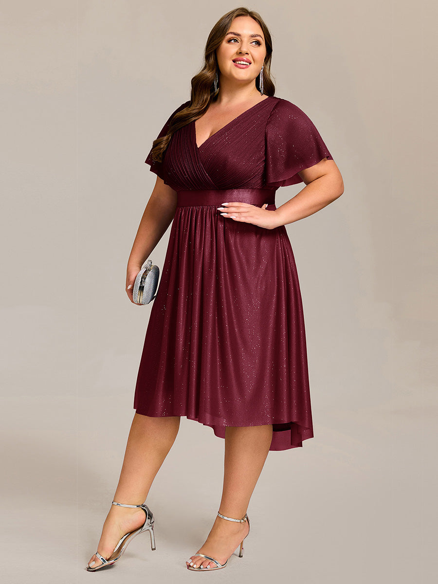 Color=Burgundy | Plus Size Ruffle Sleeves Ruched Wedding Guest Glitter Asymmetric Hem Dress-Burgundy 15