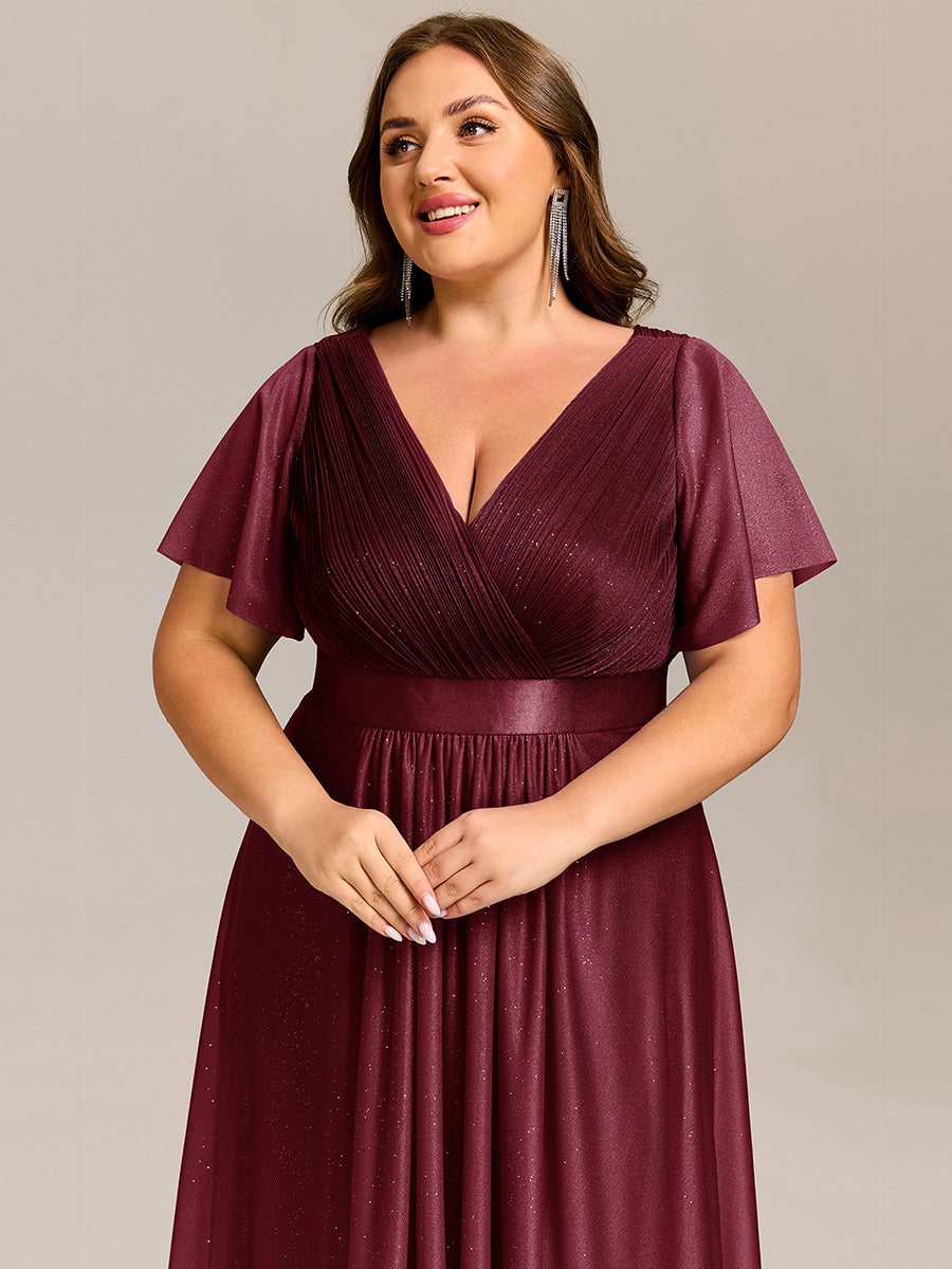 Color=Burgundy | Plus Size Ruffle Sleeves Ruched Wedding Guest Glitter Asymmetric Hem Dress-Burgundy 13