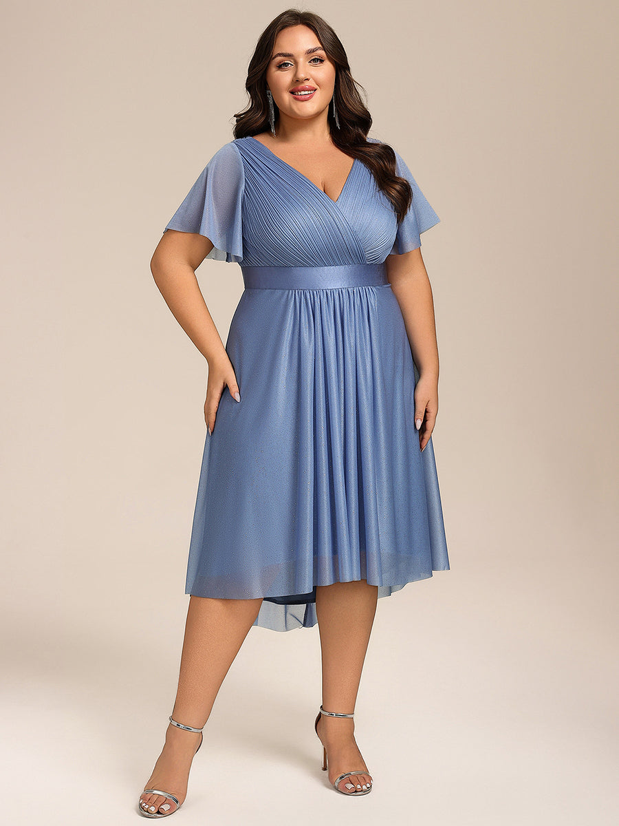 Color=Dusty Blue | Plus Size Ruffle Sleeves Ruched Wedding Guest Glitter Asymmetric Hem Dress-Dusty Blue 4