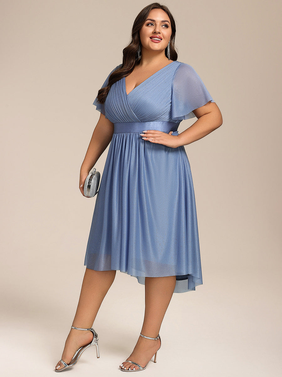 Color=Dusty Blue | Plus Size Ruffle Sleeves Ruched Wedding Guest Glitter Asymmetric Hem Dress-Dusty Blue 5