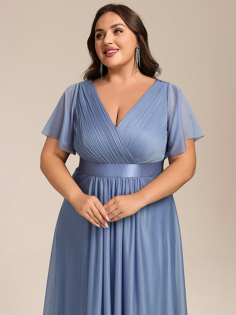 Color=Dusty Blue | Plus Size Ruffle Sleeves Ruched Wedding Guest Glitter Asymmetric Hem Dress-Dusty Blue 3