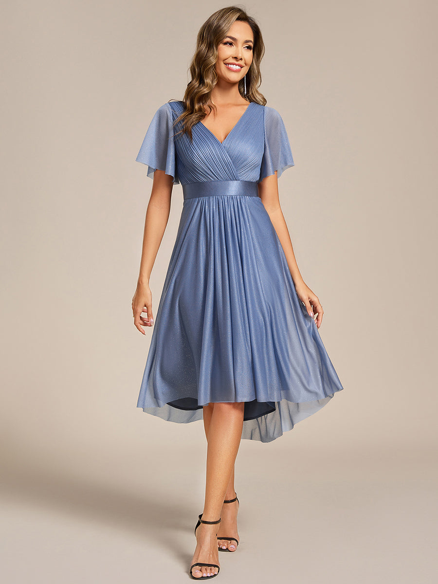 Elegant Ruffles Sleeve Pleated Wedding Guest Shimmer Dresses with Asym Elegant Ruffles Sleeve Pleated Wedding Guest Shimmer Dresses with Asym