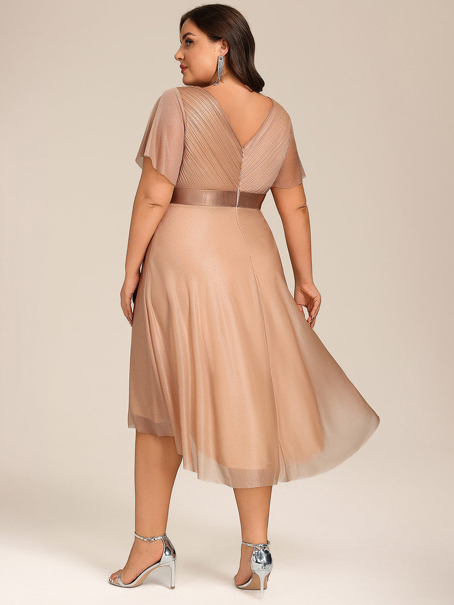 Color=Rose Gold | Plus Size Ruffle Sleeves Ruched Wedding Guest Glitter Asymmetric Hem Dress-Rose Gold 7