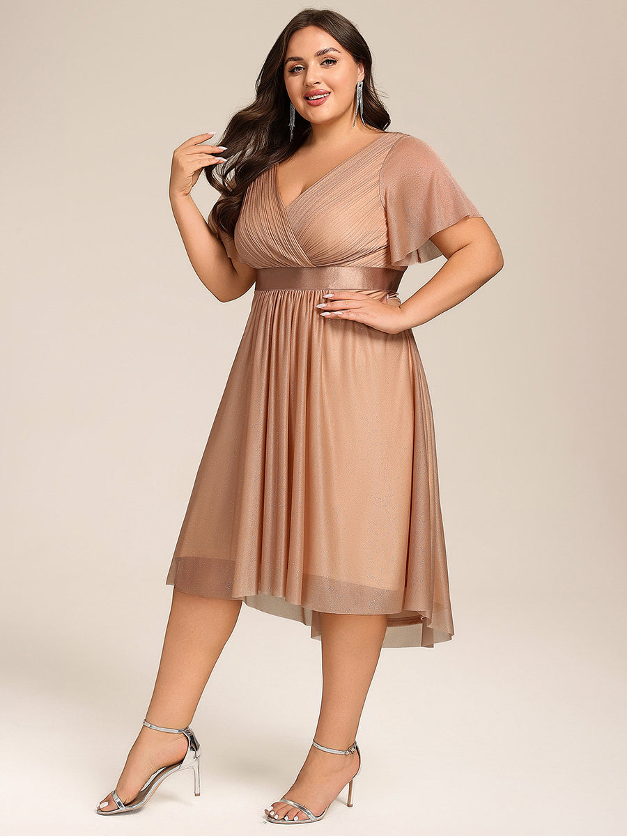 Color=Rose Gold | Plus Size Ruffle Sleeves Ruched Wedding Guest Glitter Asymmetric Hem Dress-Rose Gold 9