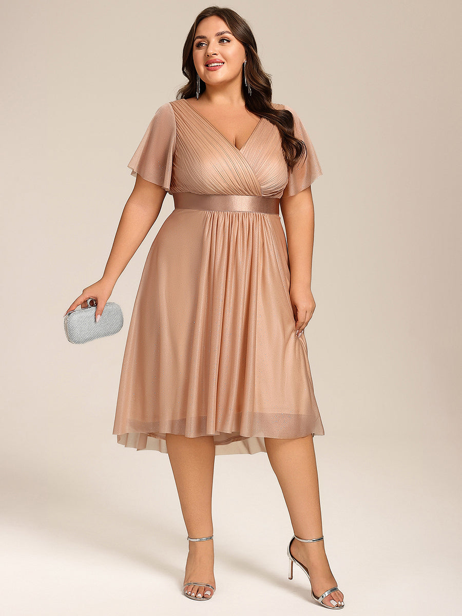 Color=Rose Gold | Plus Size Ruffle Sleeves Ruched Wedding Guest Glitter Asymmetric Hem Dress-Rose Gold 10