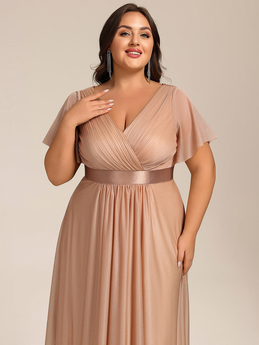 Color=Rose Gold | Plus Size Ruffle Sleeves Ruched Wedding Guest Glitter Asymmetric Hem Dress-Rose Gold 8