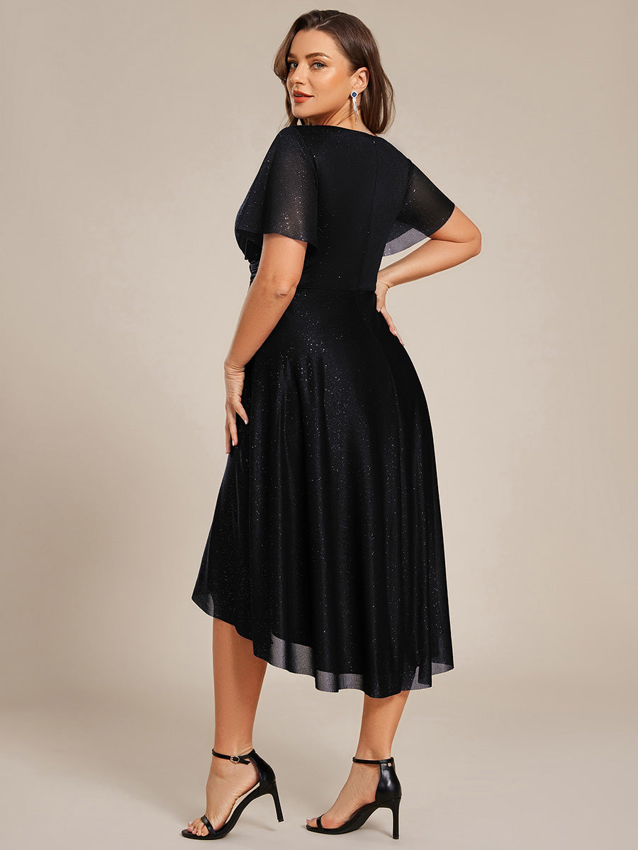 Color=Black | Plus Size Short Sleeve Ruffled Pleated V-Neck A-Line Midi Wedding Guest Dresses-Black 2