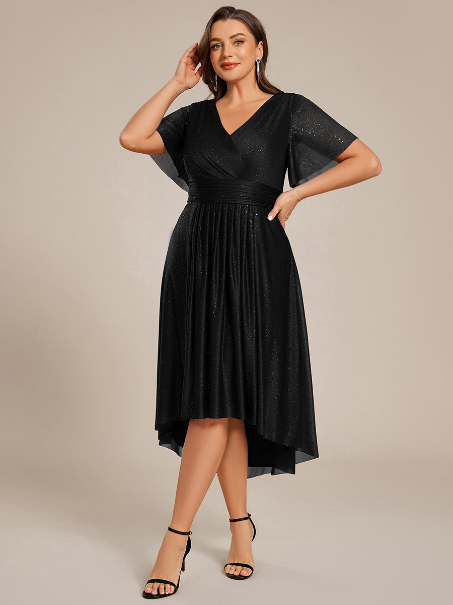 Color=Black | Plus Size Short Sleeve Ruffled Pleated V-Neck A-Line Midi Wedding Guest Dresses-Black 4