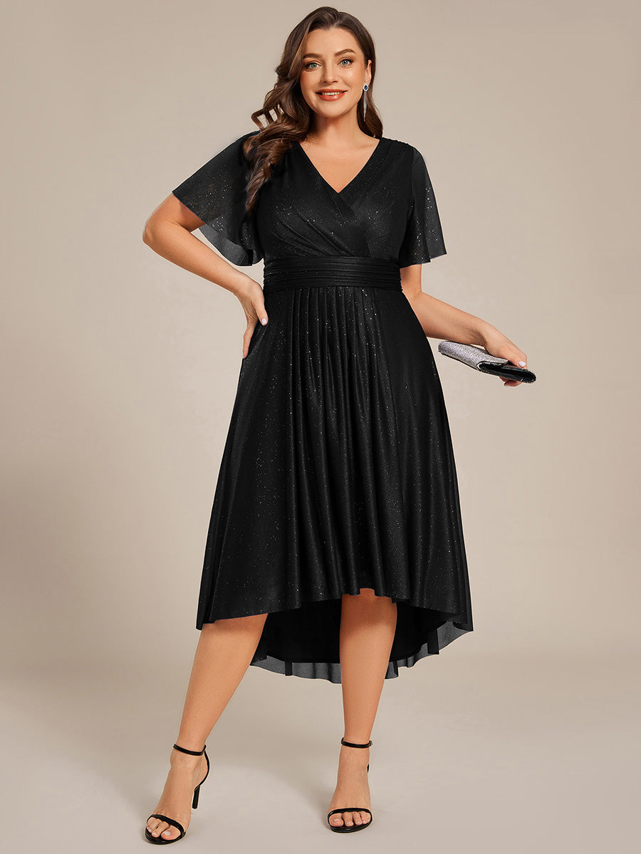 Color=Black | Plus Size Short Sleeve Ruffled Pleated V-Neck A-Line Midi Wedding Guest Dresses-Black 5