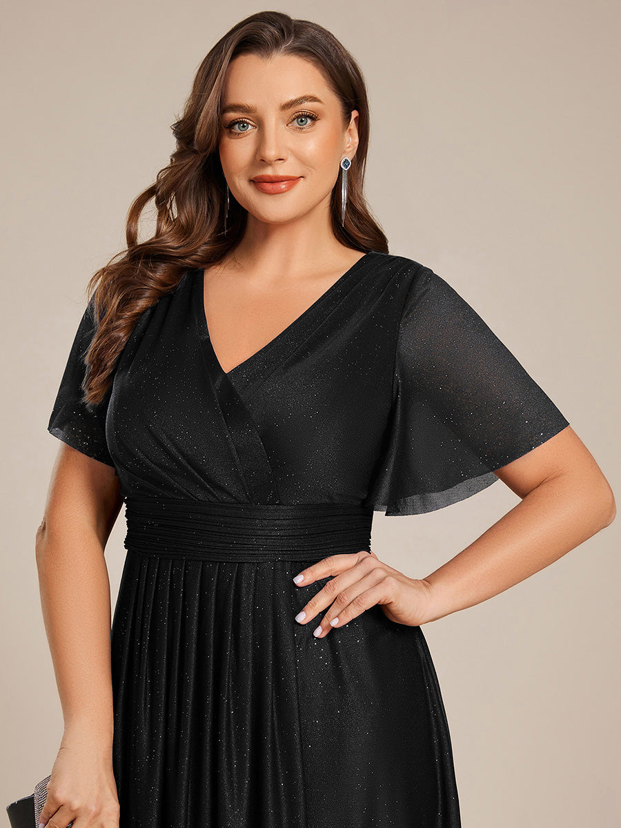 Color=Black | Plus Size Short Sleeve Ruffled Pleated V-Neck A-Line Midi Wedding Guest Dresses-Black 3