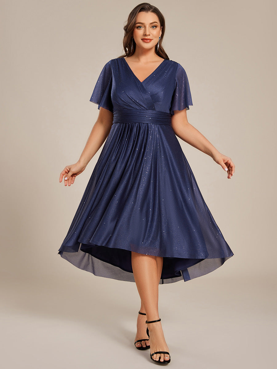 Color=Navy Blue | Plus Size Short Sleeve Ruffled Pleated V-Neck A-Line Midi Wedding Guest Dresses-Navy Blue 6
