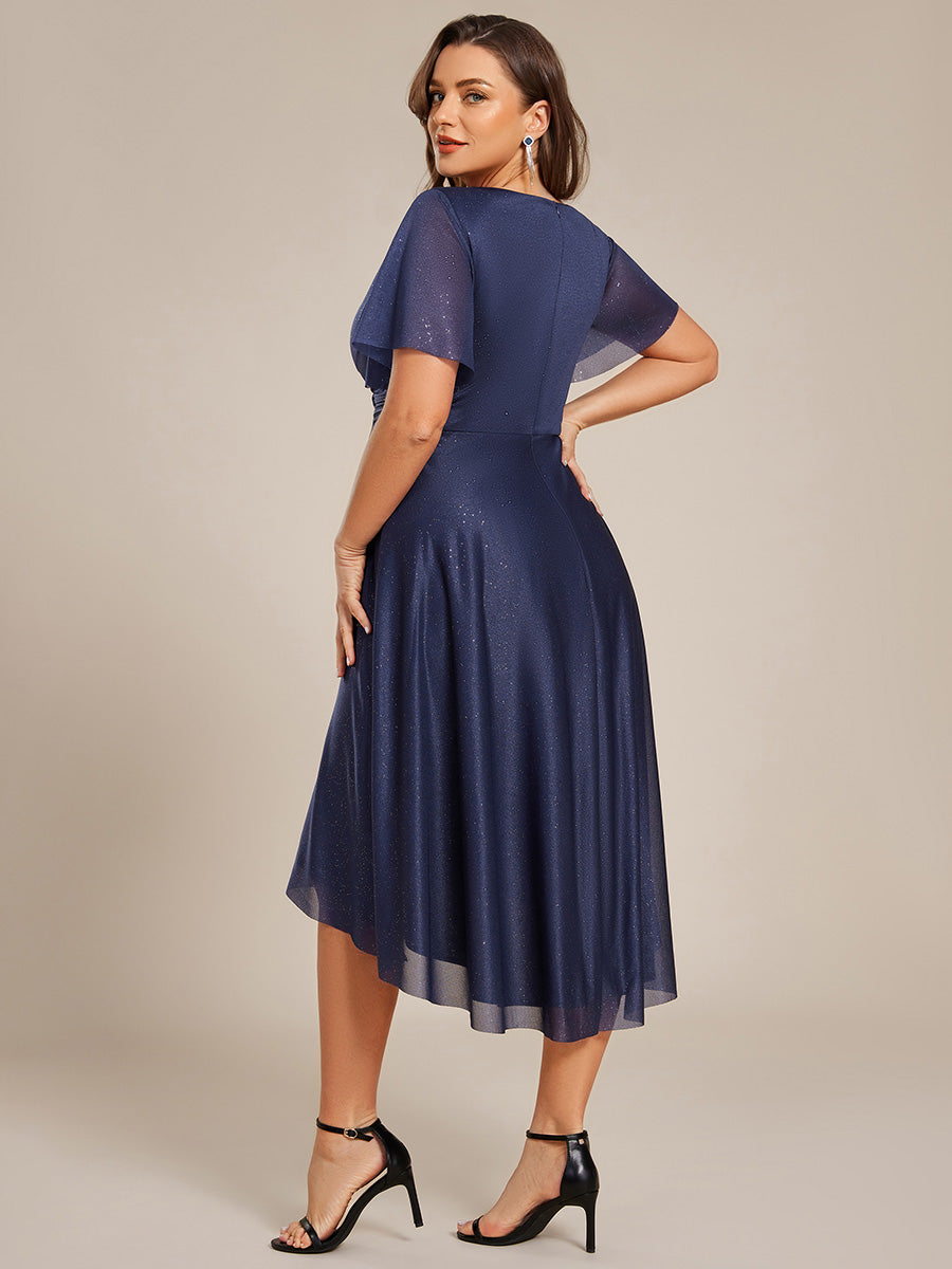 Color=Navy Blue | Plus Size Short Sleeve Ruffled Pleated V-Neck A-Line Midi Wedding Guest Dresses-Navy Blue 7