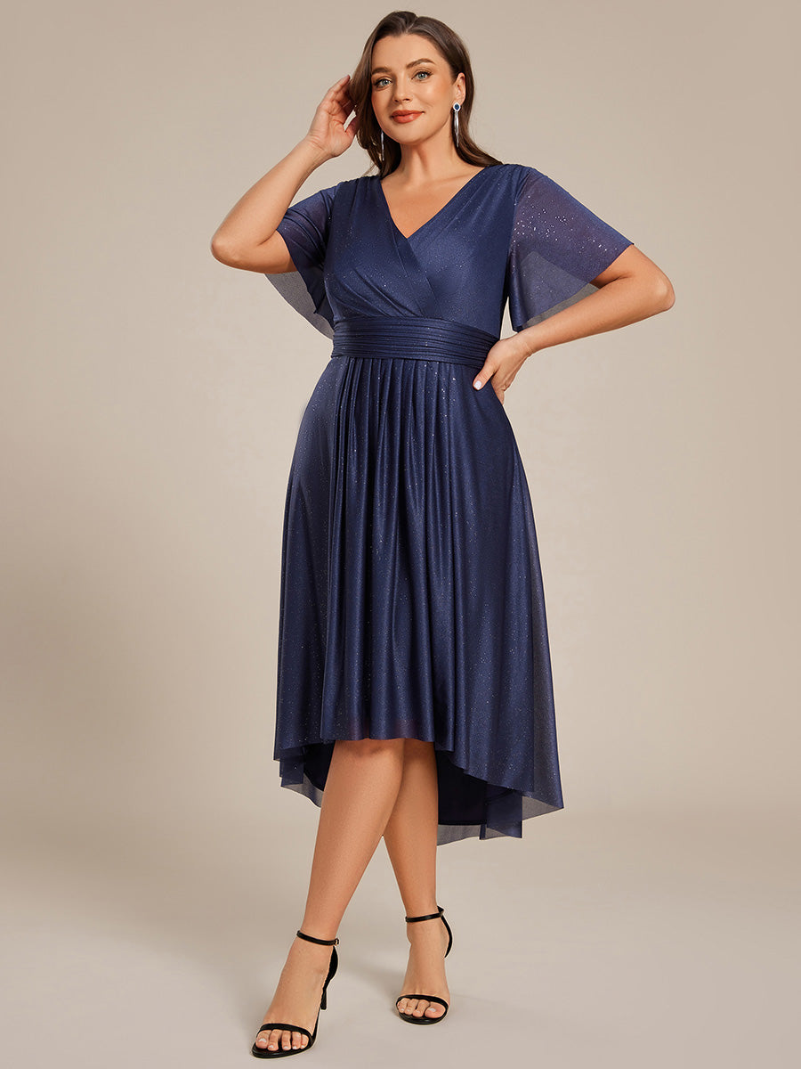 Color=Navy Blue | Plus Size Short Sleeve Ruffled Pleated V-Neck A-Line Midi Wedding Guest Dresses-Navy Blue 9