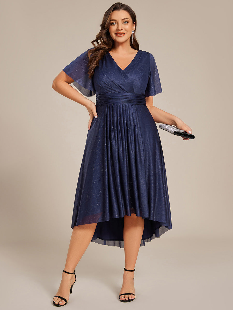 Color=Navy Blue | Plus Size Short Sleeve Ruffled Pleated V-Neck A-Line Midi Wedding Guest Dresses-Navy Blue 10
