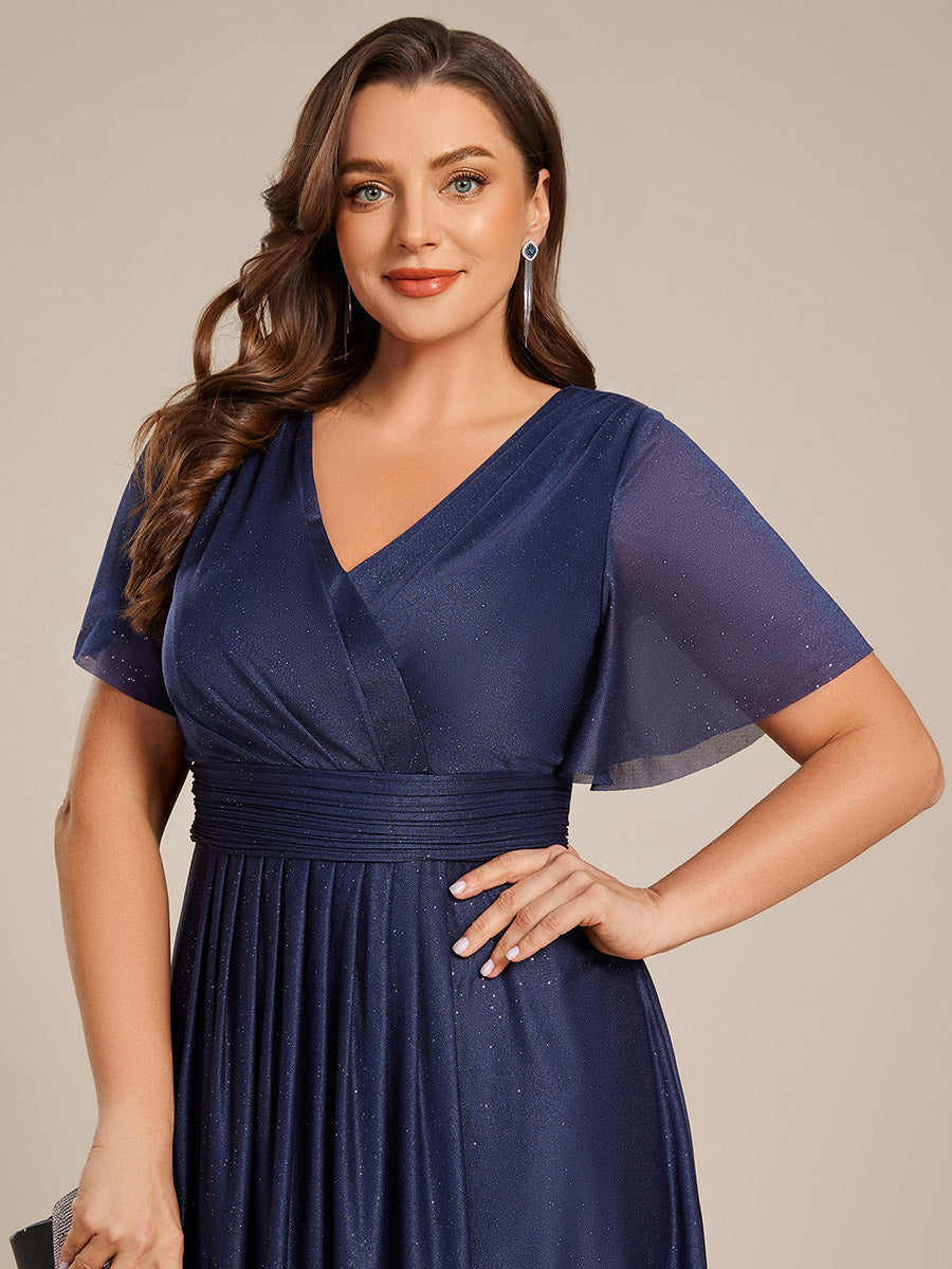 Color=Navy Blue | Plus Size Short Sleeve Ruffled Pleated V-Neck A-Line Midi Wedding Guest Dresses-Navy Blue 8