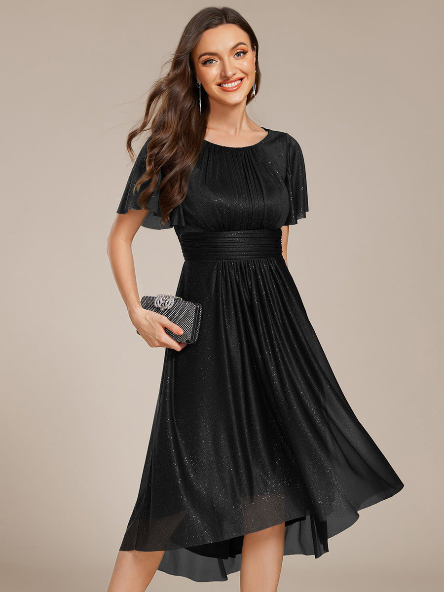 Color=Black | Short Sleeves Pleated Ruffle Round Neck Asymmetrical Midi Wedding Guest Dress-Black 1