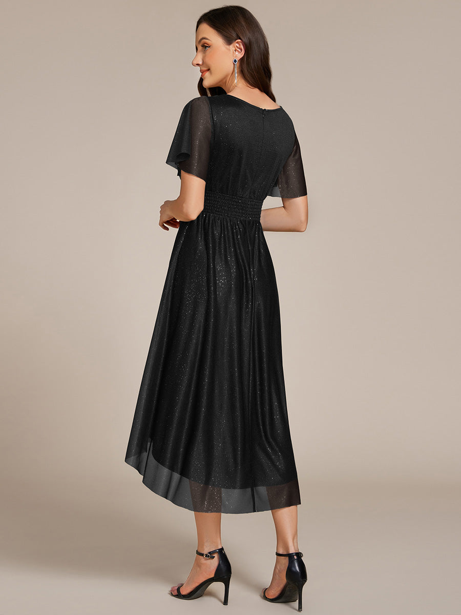Color=Black | Short Sleeves Pleated Ruffle Round Neck Asymmetrical Midi Wedding Guest Dress-Black 2
