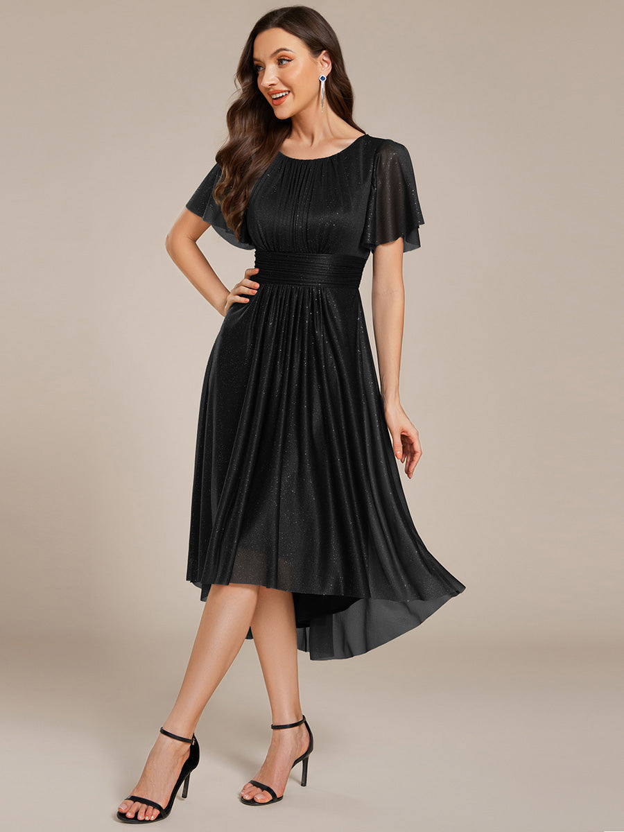 Color=Black | Short Sleeves Pleated Ruffle Round Neck Asymmetrical Midi Wedding Guest Dress-Black 4