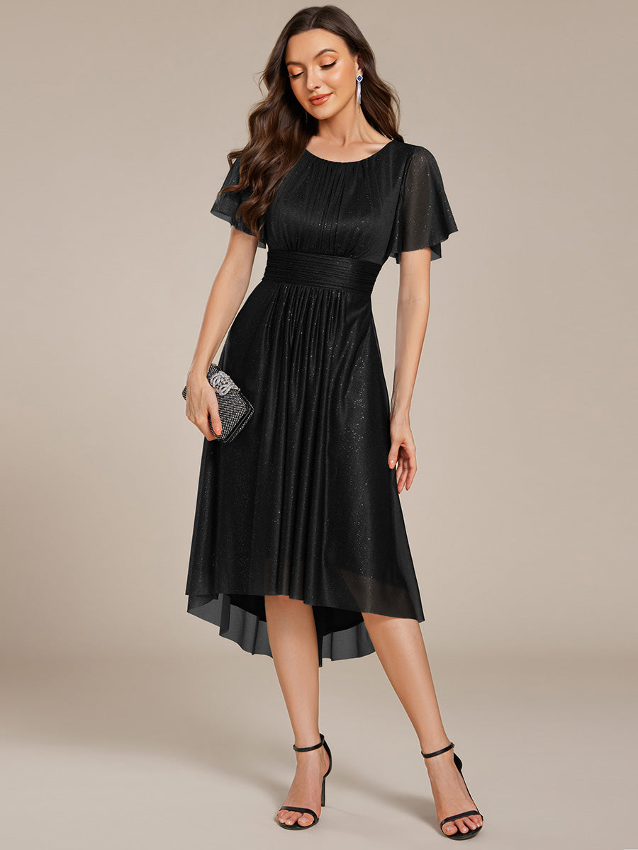 Color=Black | Short Sleeves Pleated Ruffle Round Neck Asymmetrical Midi Wedding Guest Dress-Black 5