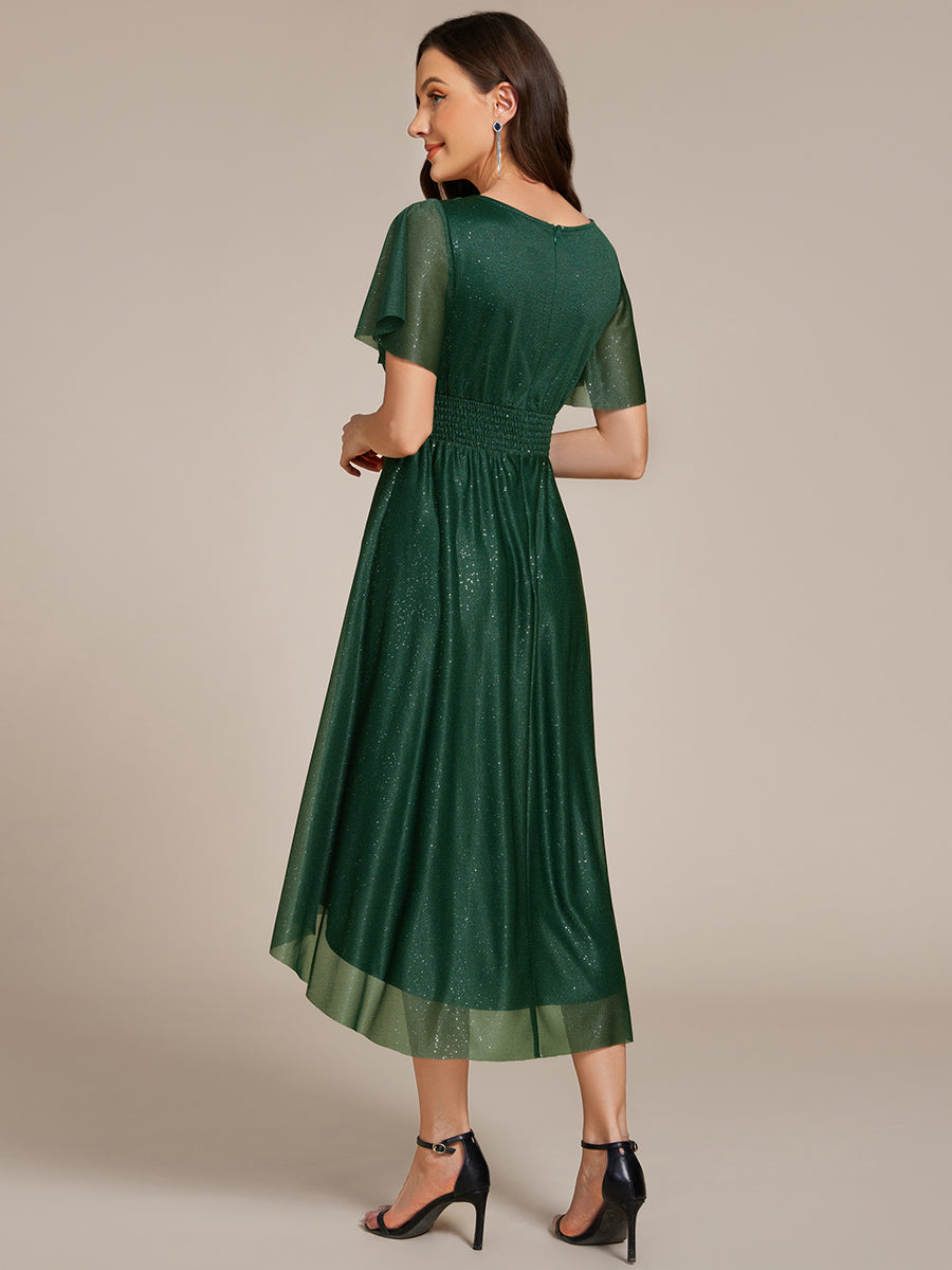 Color=Dark Green | Short Sleeves Pleated Ruffle Round Neck Asymmetrical Midi Wedding Guest Dress-Dark Green 7