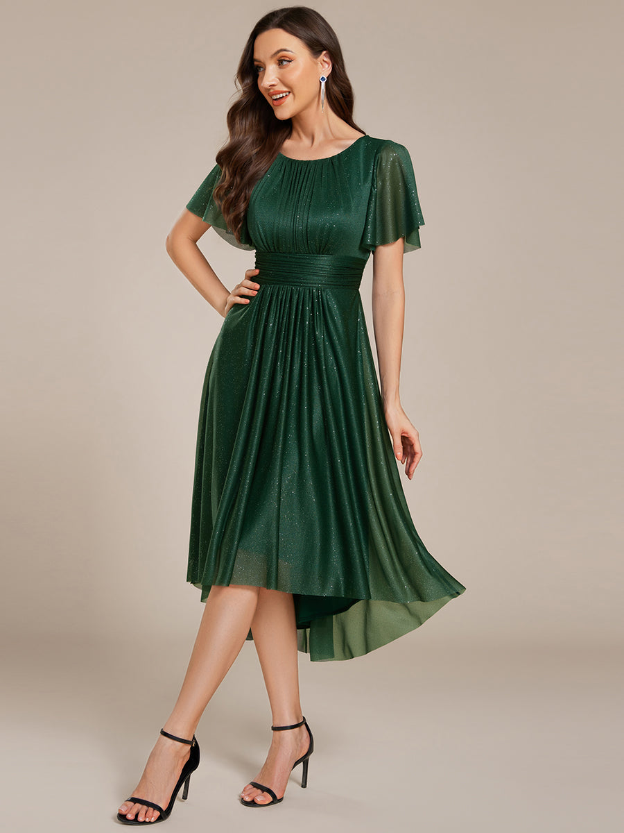 Color=Dark Green | Short Sleeves Pleated Ruffle Round Neck Asymmetrical Midi Wedding Guest Dress-Dark Green 9