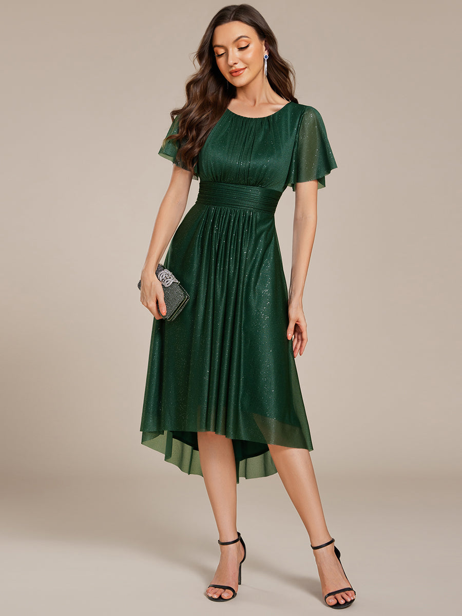 Color=Dark Green | Short Sleeves Pleated Ruffle Round Neck Asymmetrical Midi Wedding Guest Dress-Dark Green 10