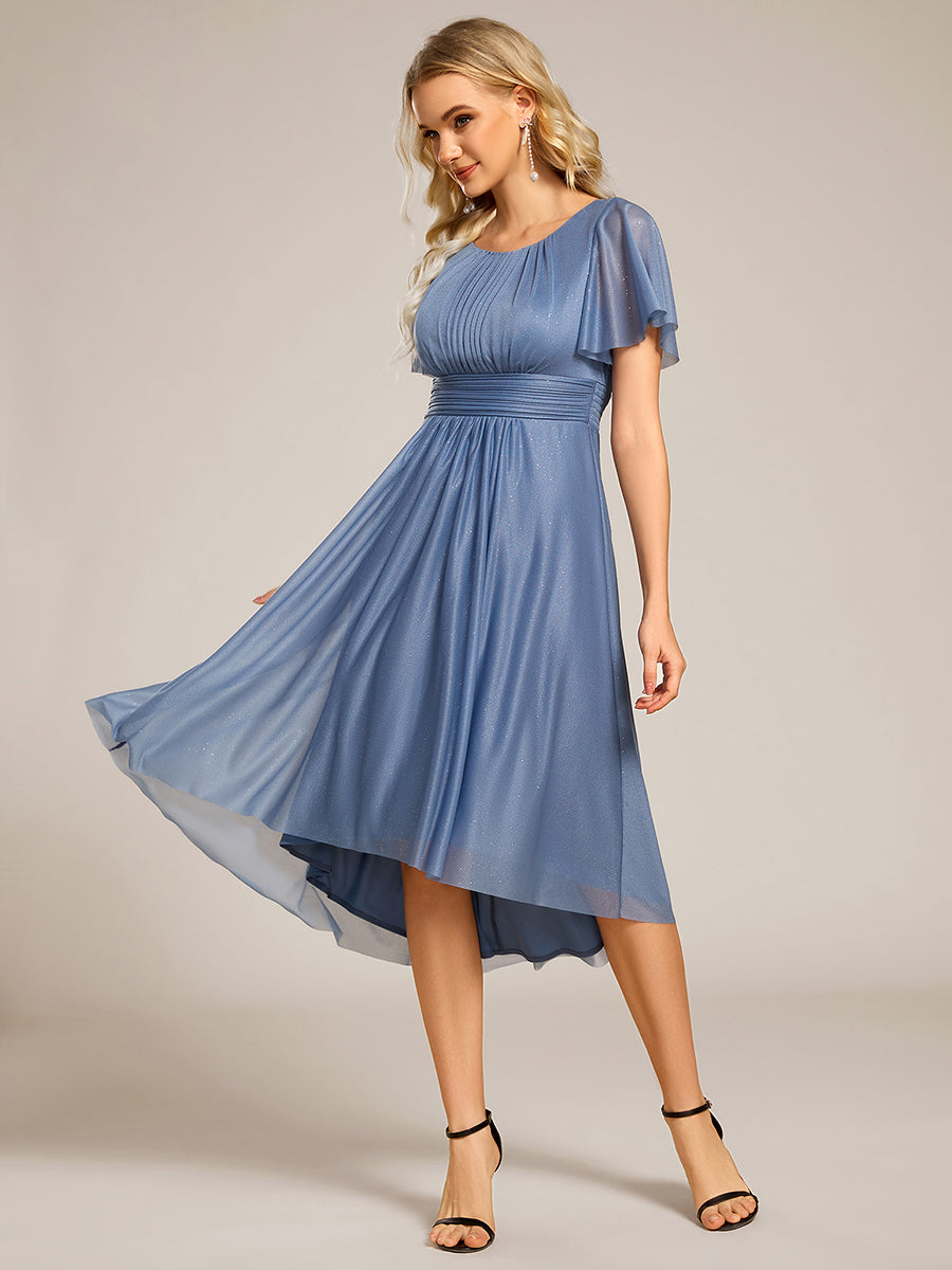 Asymmetrical Midi Wedding Guest Dress with Short Sleeves and Ruffles Asymmetrical Midi Wedding Guest Dress with Short Sleeves and Ruffles