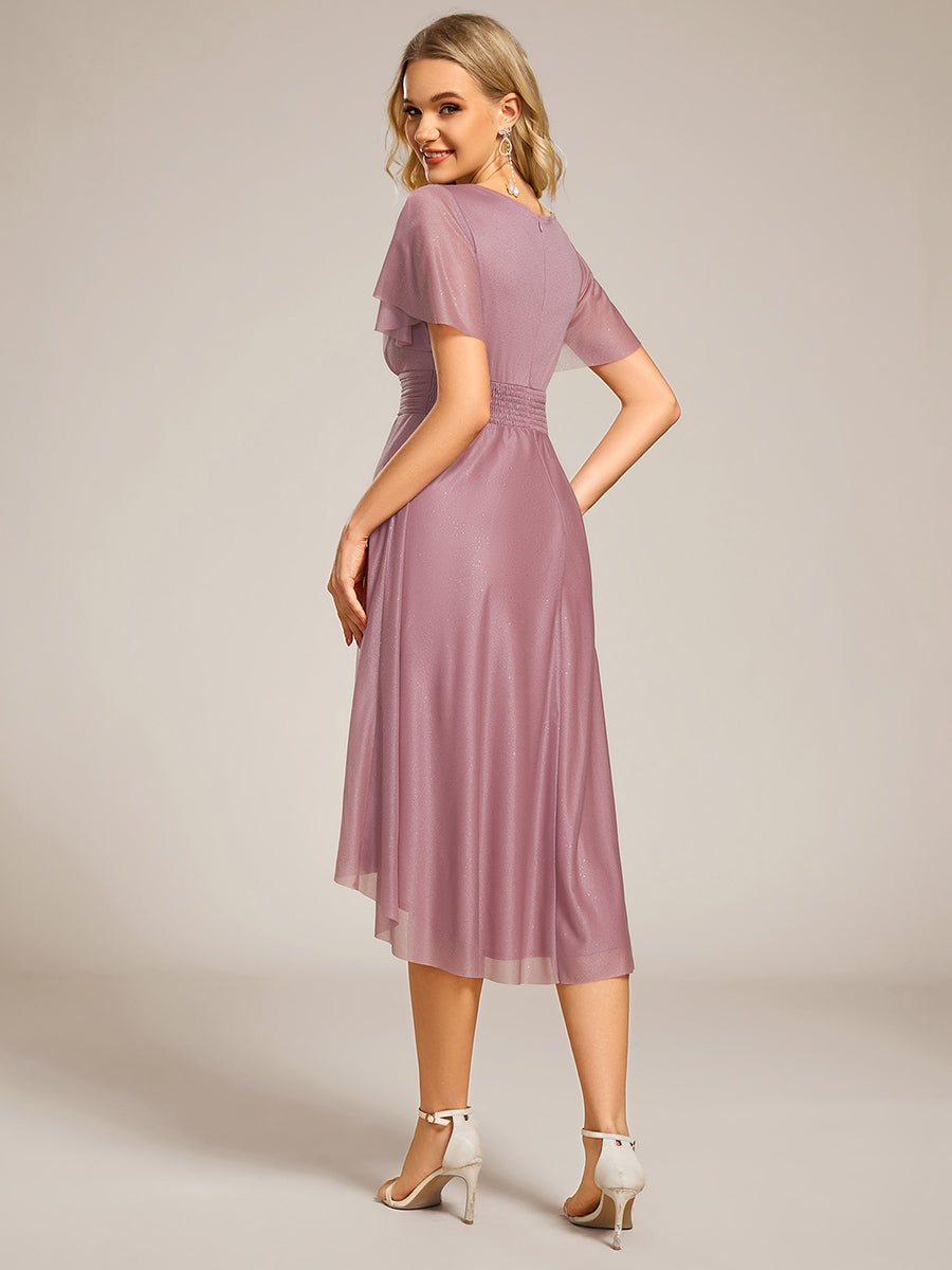 Color=Orchid | Short Sleeves Pleated Ruffle Round Neck Asymmetrical Midi Wedding Guest Dress-Orchid 17