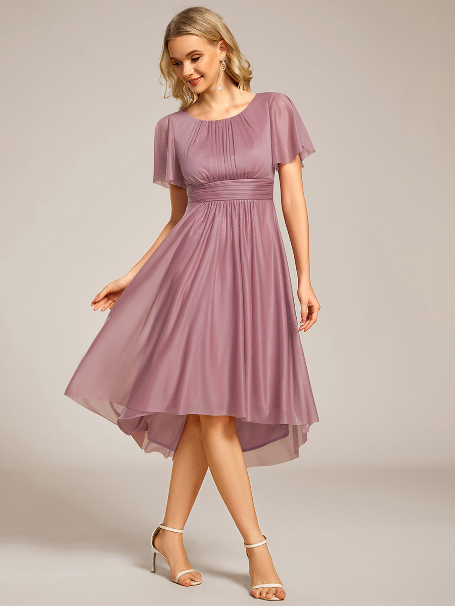 Color=Orchid | Short Sleeves Pleated Ruffle Round Neck Asymmetrical Midi Wedding Guest Dress-Orchid 19