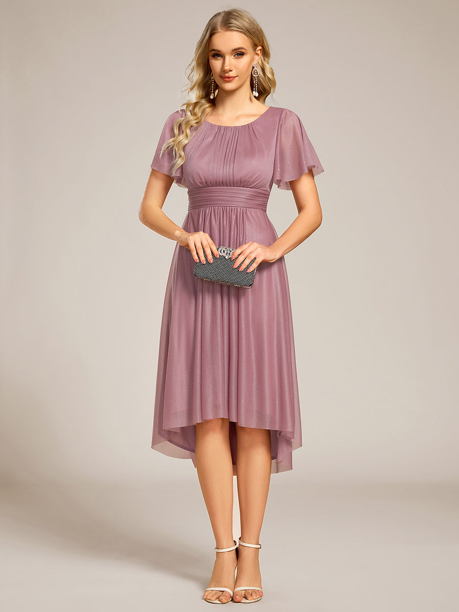 Color=Orchid | Short Sleeves Pleated Ruffle Round Neck Asymmetrical Midi Wedding Guest Dress-Orchid 20
