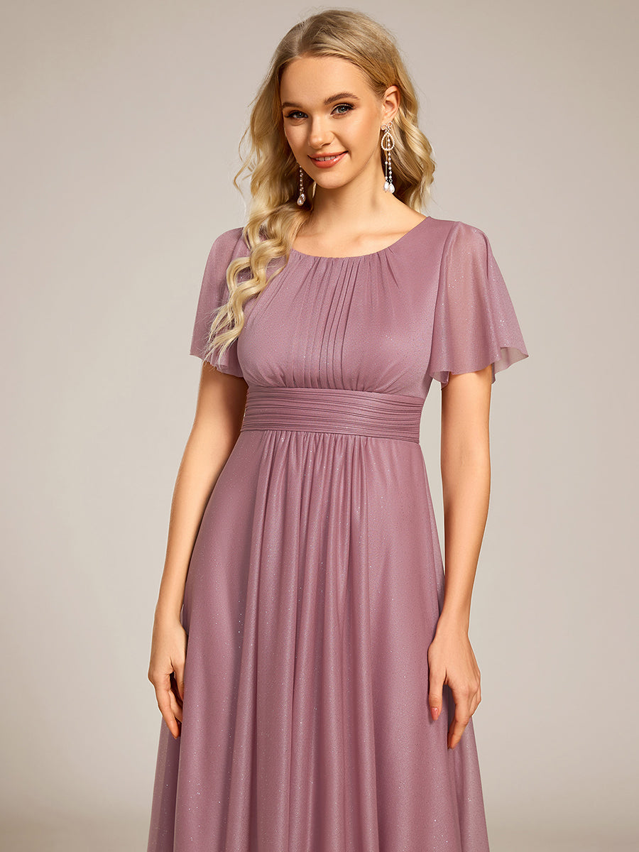 Color=Orchid | Short Sleeves Pleated Ruffle Round Neck Asymmetrical Midi Wedding Guest Dress-Orchid 18