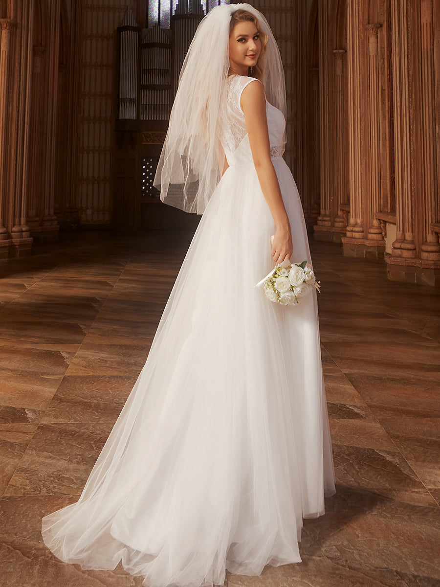 Elegant Hollow Lace Round Neck Wholesale Wedding Dresses#Color_White