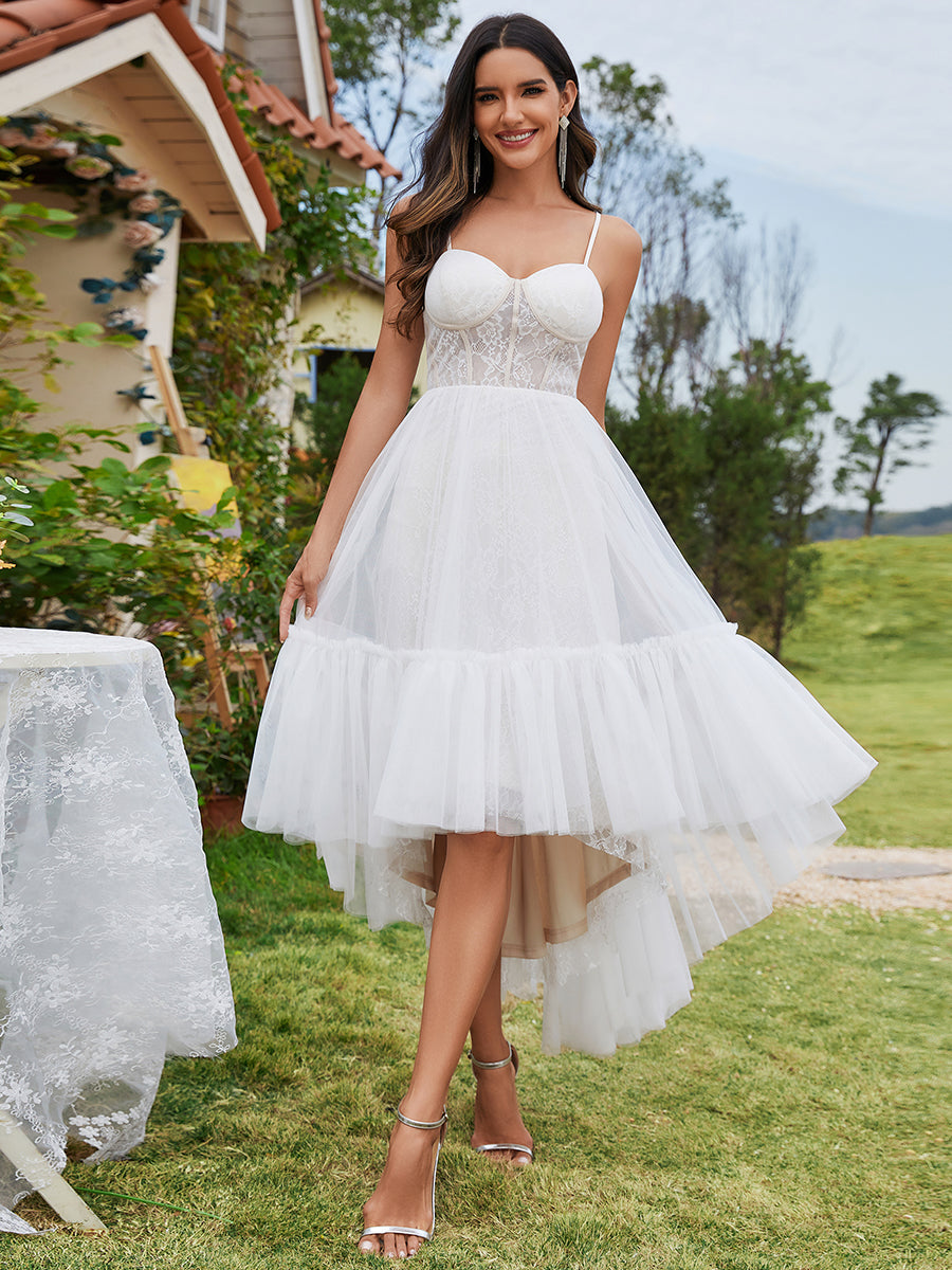 Color=Ivory | Tulle Sweetheart Spaghetti Strap High Low Wholesale Wedding Dress-Ivory 3