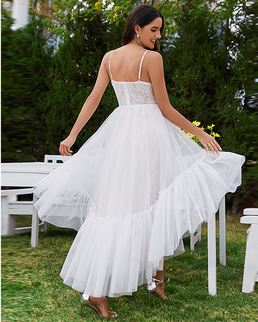 Color=Ivory | Tulle Sweetheart Spaghetti Strap High Low Wholesale Wedding Dress-Ivory 5