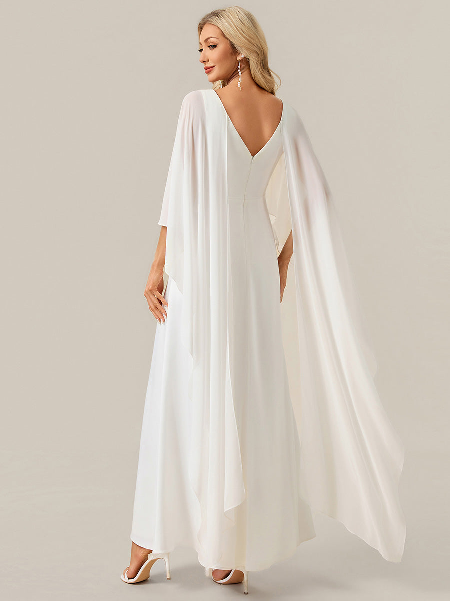 Color=White | Industrial Use Half Sleeve Shawl Deep V-Neck Sheath Floor Length Wedding Dresses-White 2