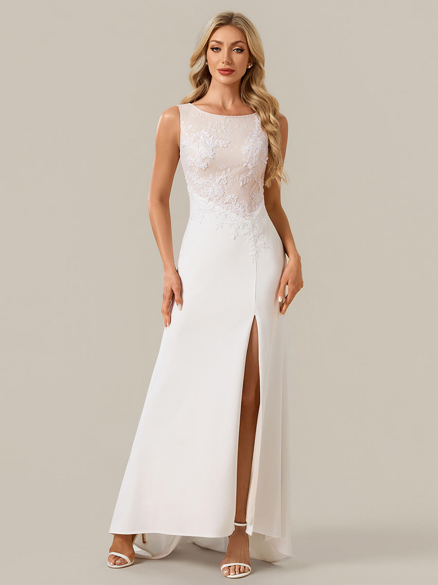 Color=White | One Stop Shop Strapless Fishtail Floral Appliques High-Low Wedding Dresses-White 1