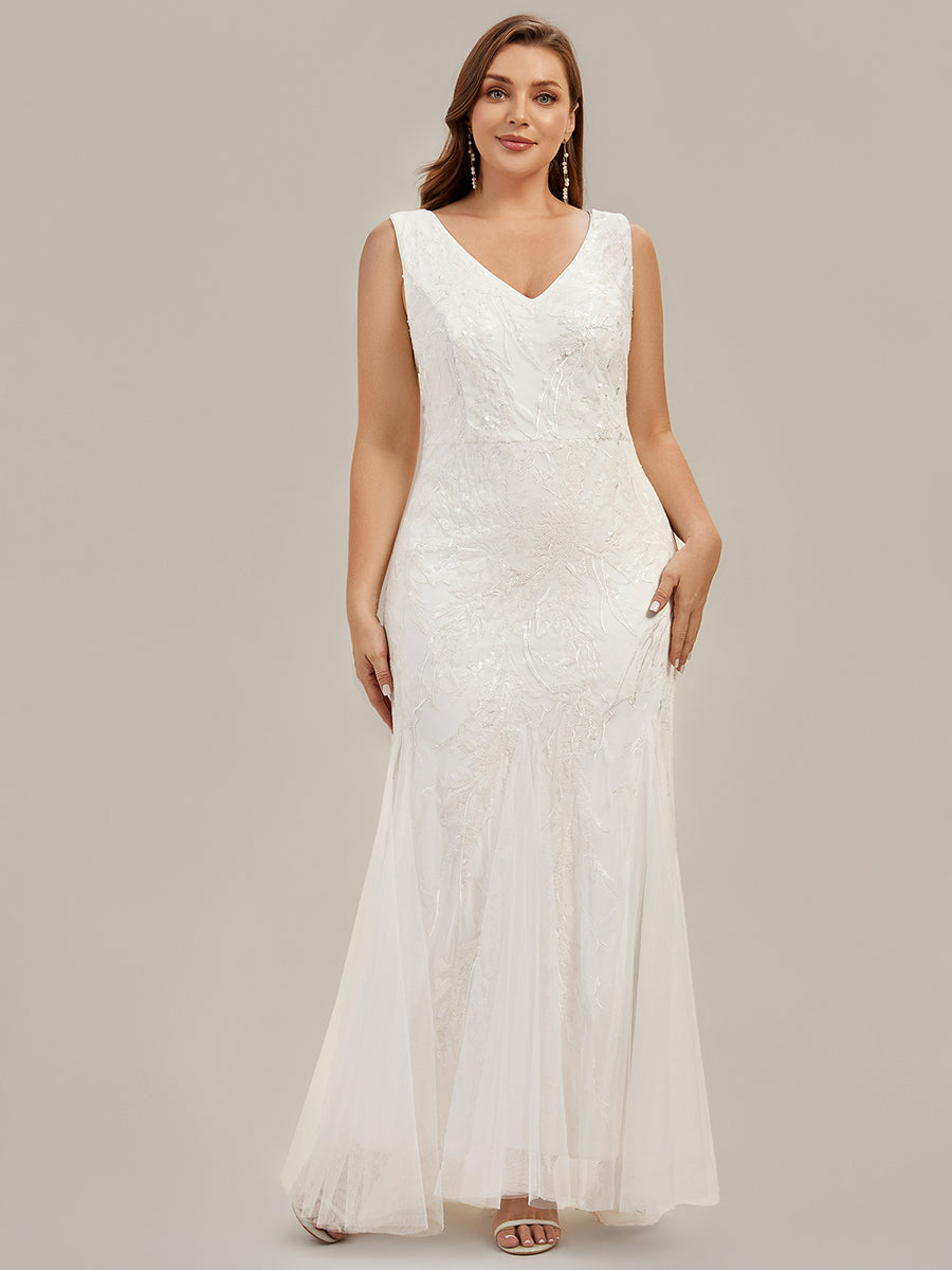 Color=White | One Stop Shop Strapless High Stretch Sequin Floral Fishtail V-Neck Wedding Dresses-White 6