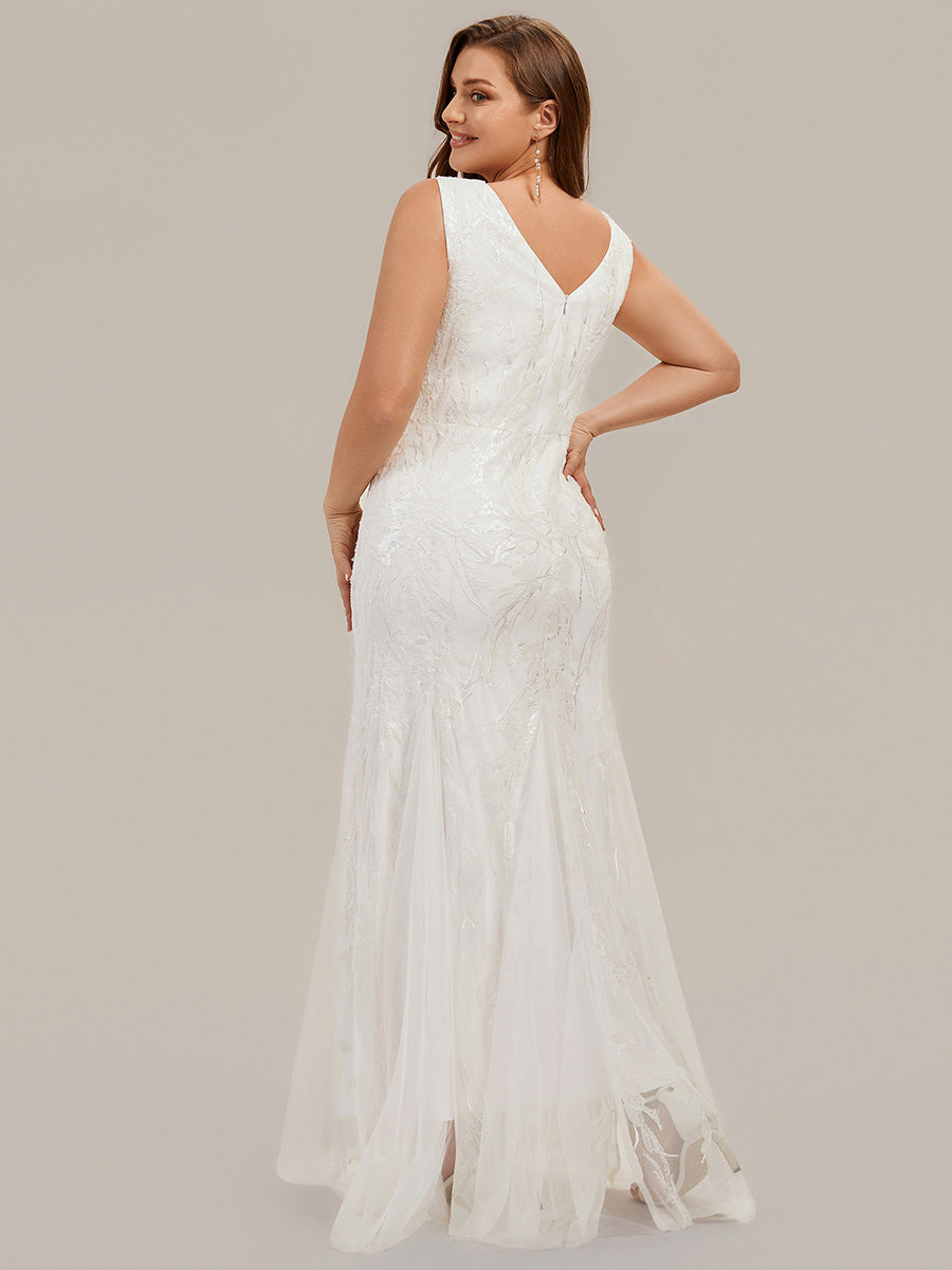 Color=White | One Stop Shop Strapless High Stretch Sequin Floral Fishtail V-Neck Wedding Dresses-White 7