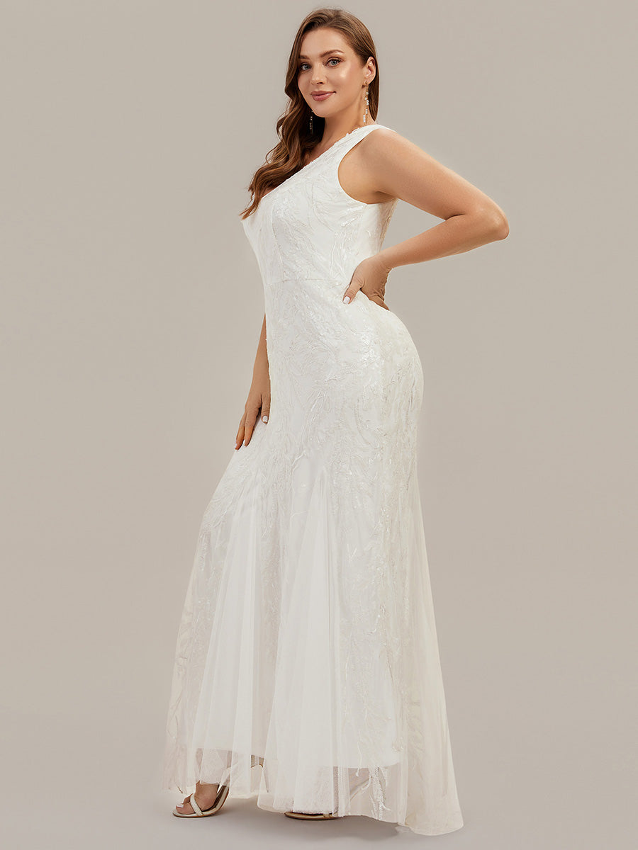 Color=White | One Stop Shop Strapless High Stretch Sequin Floral Fishtail V-Neck Wedding Dresses-White 9