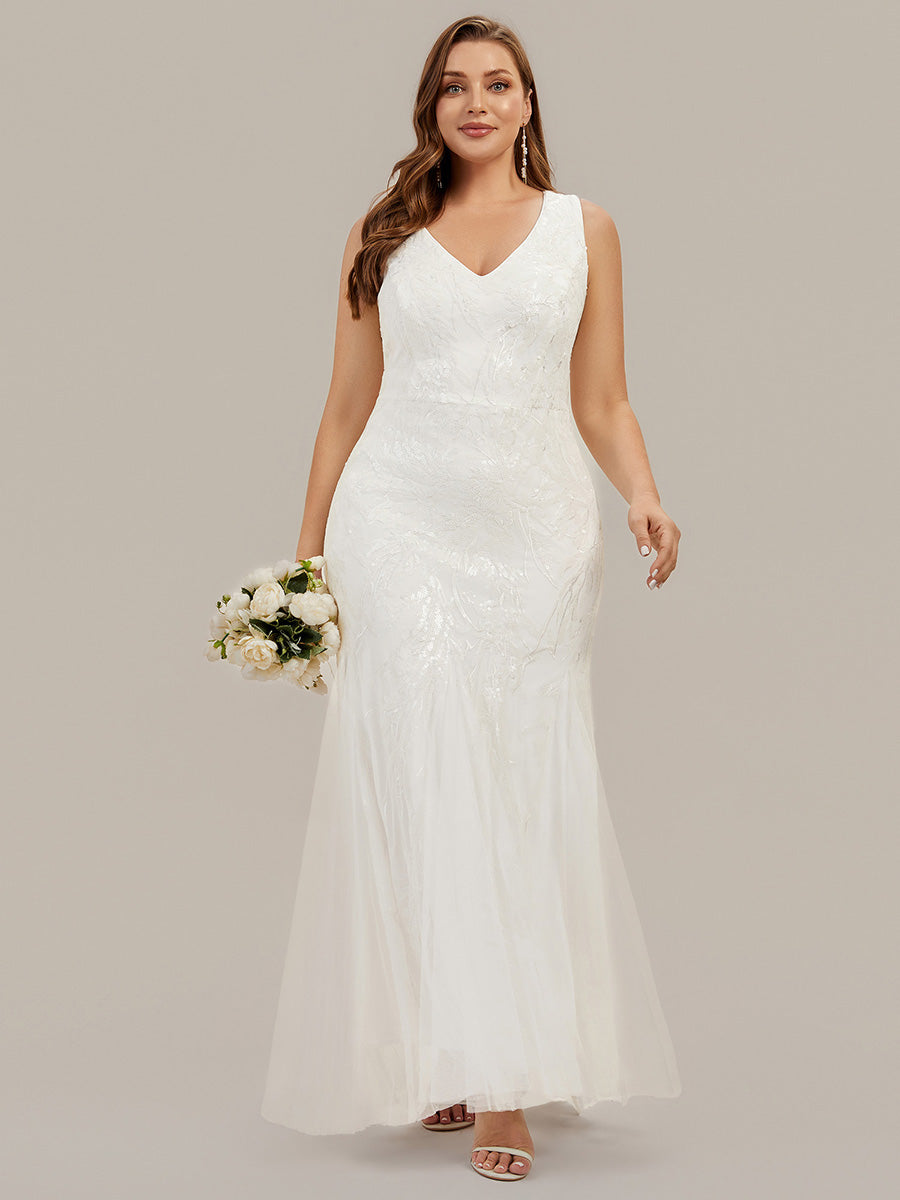 Color=White | One Stop Shop Strapless High Stretch Sequin Floral Fishtail V-Neck Wedding Dresses-White 10